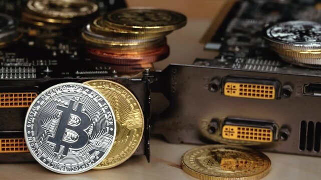 Crypto mining process featuring bitcoin coins and computer graphics card hardware.