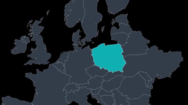 Poland Highlighted on Europe Map Zoom Country Focus, Alpha Channel 4K