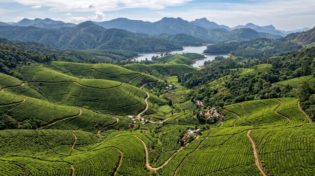 India Munnar Tea Plantations Panoramic Aerial View