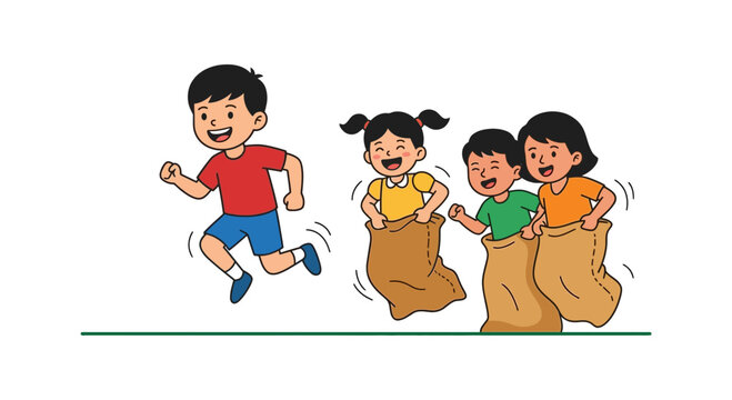 Children enjoy sack race outdoors on white background