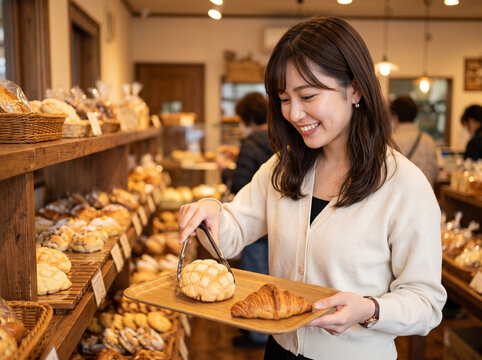 パン屋の棚からトングで美味しそうな惣菜パンを選ぶ女性