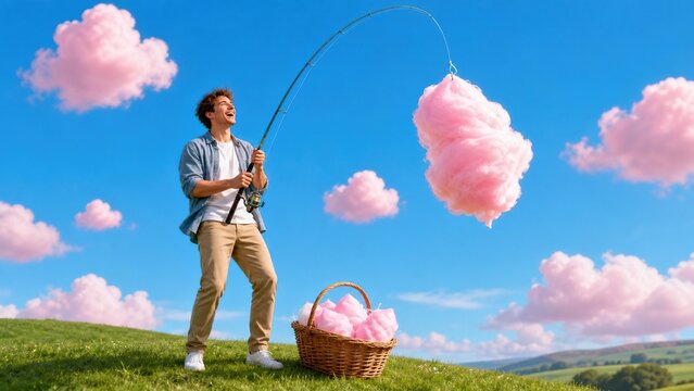 Whimsical surreal visual of a man catching pink cotton candy clouds with a fishing rod in a sunlit field. Playful concept for creative storytelling.