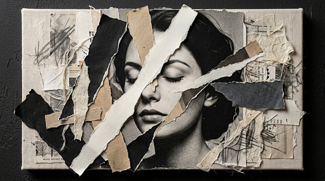 Collage art with torn paper over black and white portrait of woman