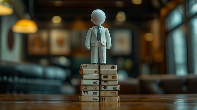 Figurine atop blocks, cafe background, success concept, stock photo