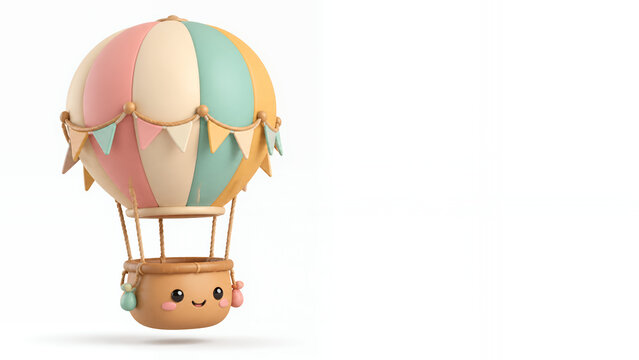Cute 3D cartoon hot air balloon character isolated on white