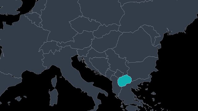 North Macedonia Highlighted on Europe Map Country Focus Zoom, Alpha 4K