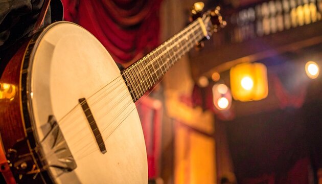 Classic banjo string instrument on stage during live music concert