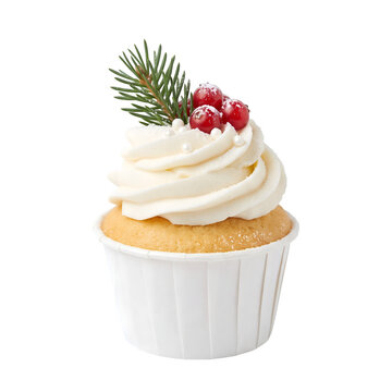 Festive christmas cupcake with white frosting, red cranberries, green spruce branch, and white sprinkles, isolated on transparent background