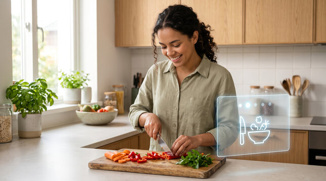 Happy woman preparing healthy vegetables on a cutting board in a kitchen with a futuristic smart home AI hologram displaying nutritional recipes and cooking instructions.