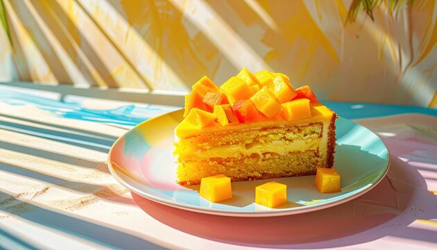 Delicious Mango Cake Slice with Fresh Fruit Topping on a Colorful Plate in Tropical Sunlight
