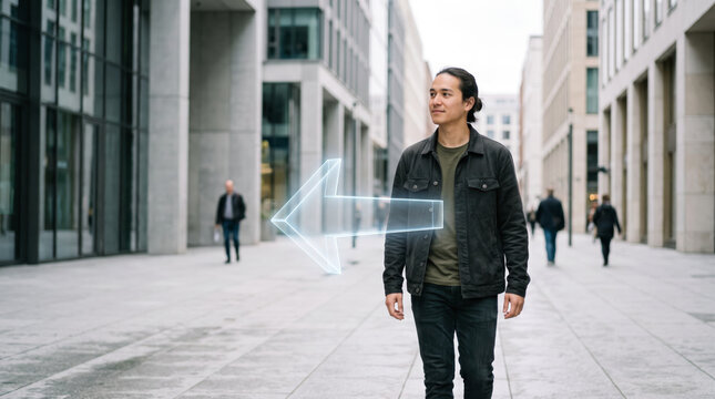 Young man walking on a modern city sidewalk guided by a futuristic augmented reality AR hologram navigation arrow interface. Smart city navigation concept.