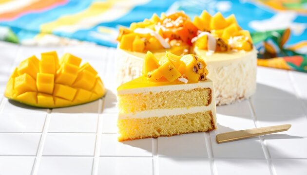 Delicious Mango Cake with Fresh Fruit Topping and a Slice Cut, Perfect for Summer Dessert Photography
