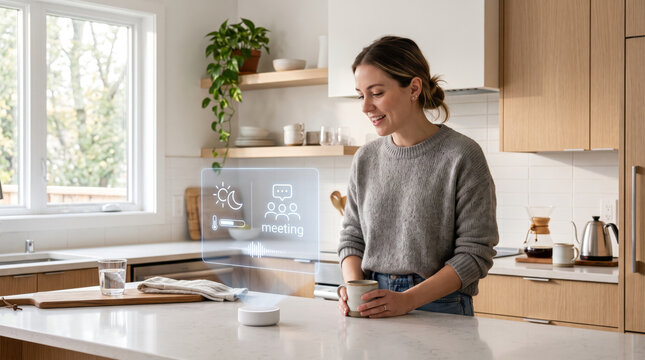Woman holding a mug in a modern kitchen checking her schedule and calendar on a holographic AI smart home assistant interface. Morning routine concept.