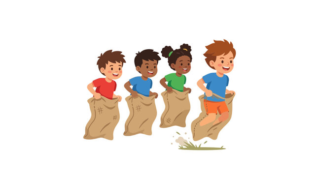 Children enjoy sack race outdoors, illustration, fun activity