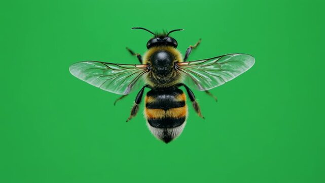 Honeybee in flight against a vibrant green background with gentle wing movement and clean copy space