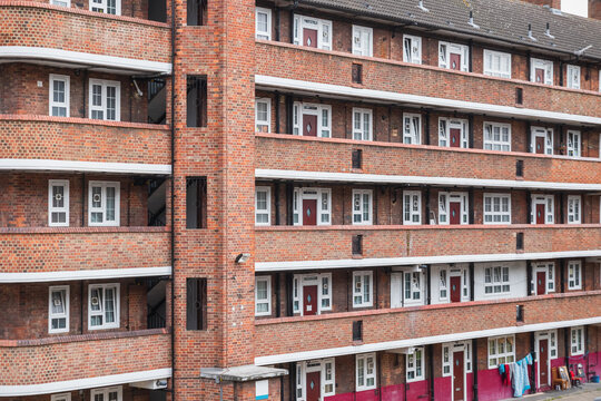 Facade of council housing flats at Rockingham estate in the Elephant and Castle area, south London, UK