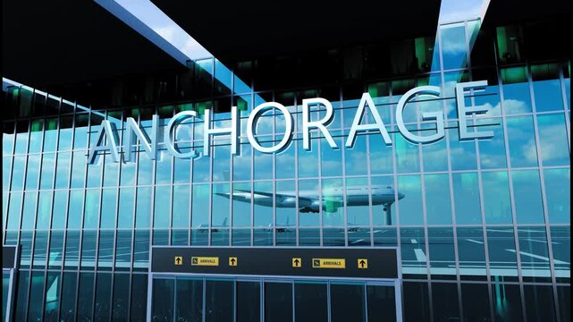Airlane landing at Anchorage, USA. Arrival in the city with reflection of airport and aircraft