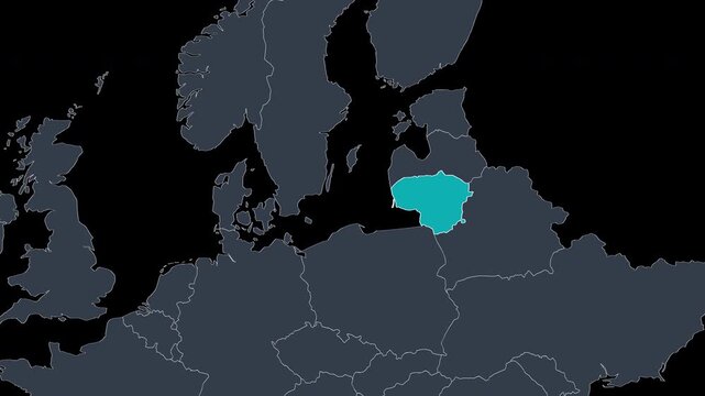 Lithuania Highlighted on Europe Map Country Focus Zoom, Alpha 4K