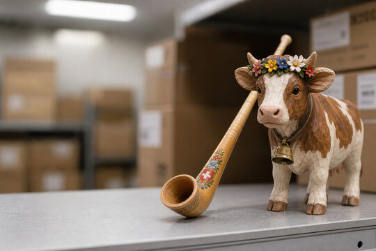 suspenders. Miniature alphorn and carved cow figurine with floral crown, heritage and delivery logistics concept, event programs.