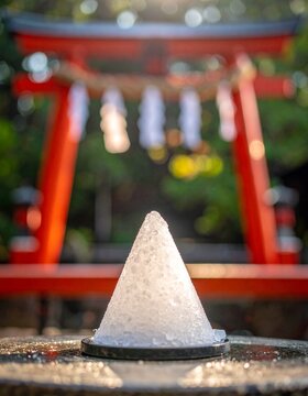 Conical ice offering at a traditional Japanese shrine, with a blurred red torii gate and sacred shide in the background, conveying a serene spiritual atmosphere