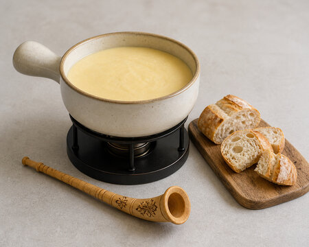 Ceramic cheese fondue pot with melted cheese, bread and carved alphorn, cozy dining concept