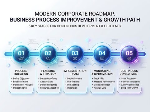 Modern corporate roadmap infographic with five key stages for business process improvement and growth