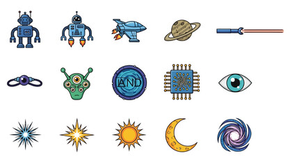 Colorful space icons and symbols collection. © Agung