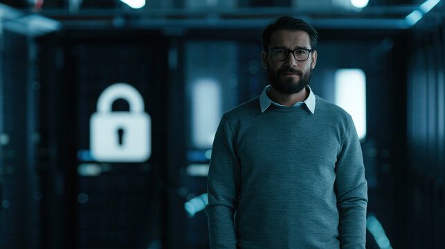Male specialist standing beside padlock in server room, cyber security concept, dark office, serious mood