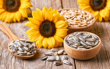 Fototapeta premium Organic sunflower seeds and flowers on wooden table