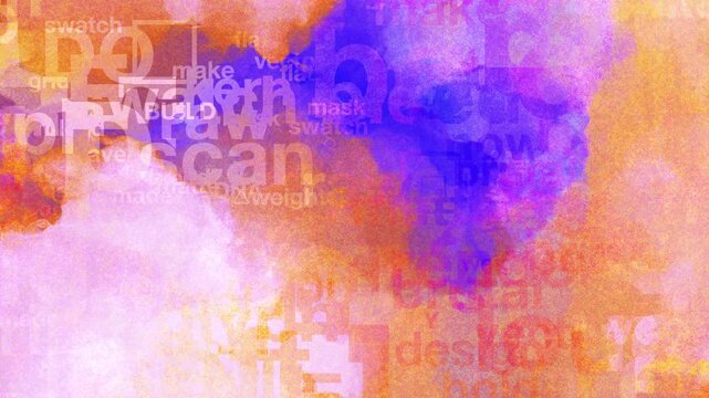 Grainy orange, purple watercolor background loop with text animation overlay, words related to graphic design concepts. Digital animation.