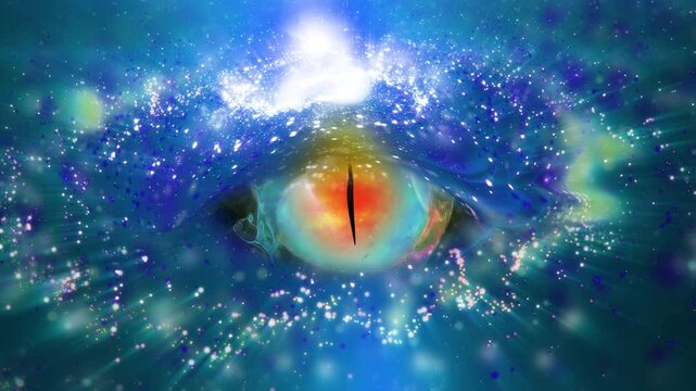 A mesmerizing cosmic eye with a glowing orange iris, swirling blue energy streams, radiant starlight, and celestial particles creates a surreal vision of universal consciousness and infinite mystery.
