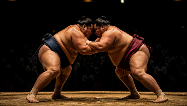 Two professional sumo wrestlers in traditional stance facing each other on wooden ring under dramatic lighting, capturing the intense moment of competition and athletic discipline in Japanese martial 