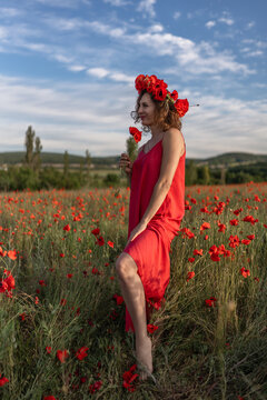Summer meadow portrait featuring adult woman wearing red floral crown standing among blooming Papaver rhoeas poppies at sunset