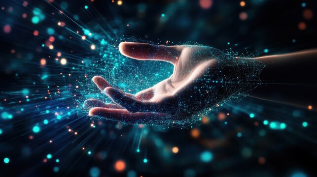 Hand reaches into a swirling vortex of digital particles and blue light, symbolizing the interaction between human consciousness and advanced artificial intelligence within a virtual realm.