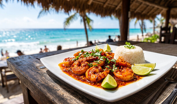 A rich plate of fiery red Camarones al Diablo served on a crisp white square ceramic plate, Plump jumbo shrimp coated in a glossy, spicy red habanero-chipotle sauce, garnished with fresh lime wedges a