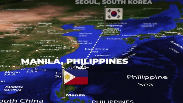 Flight From Seoul SOUTH KOREA Manila PHILIPPINES with flag pins