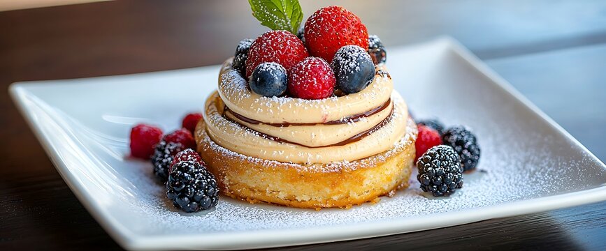 Delightful dessert pastry layered with cream, berries, and powdered sugar, served on white plate