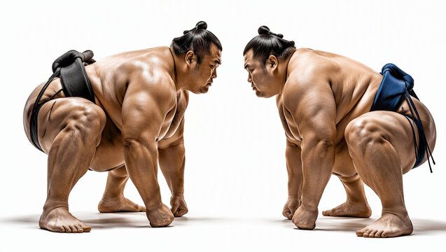 Two Sumo Wrestlers Facing Off in Traditional Stance with Gear, Muscular Athletic Bodies on White Background Conceptual Illustration of Sport Competition and Japanese Culture