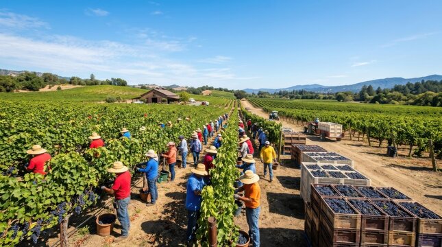 Seasonal Grape Harvest With Workers and Vineyard Crates