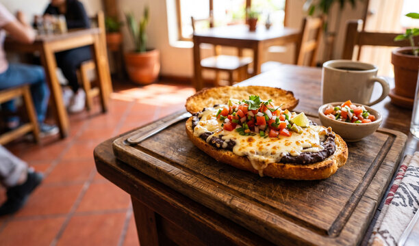 A rich open-faced Mexican Mollete on a rustic wooden cutting board, Toasted bolillo bread roll spread with seasoned refried black beans and bubbling melted Oaxaca cheese, topped with fresh colorful pi