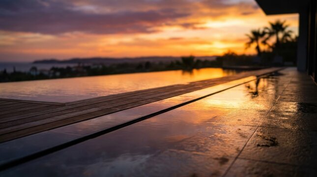Sunset Escape: Luxury villa with outdoor terrace reflecting a colorful sunset landscape 