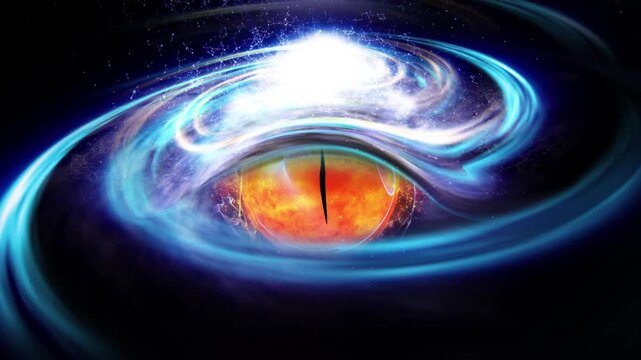 A mesmerizing cosmic eye with a glowing orange iris, swirling blue energy streams, radiant starlight, and celestial particles creates a surreal vision of universal consciousness and infinite mystery.
