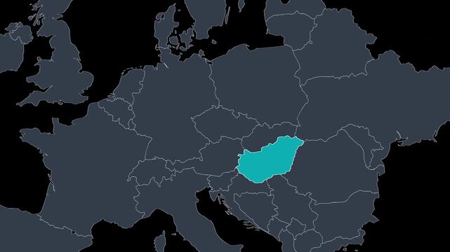 Hungary Highlighted on Europe Map Zoom Country Focus, Alpha Channel 4K
