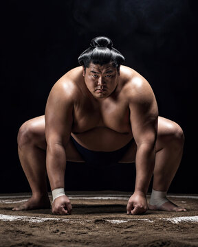 Sumo wrestler in traditional pose on sandy ground against black background dramatic studio portrait concept of strength power and athletic discipline