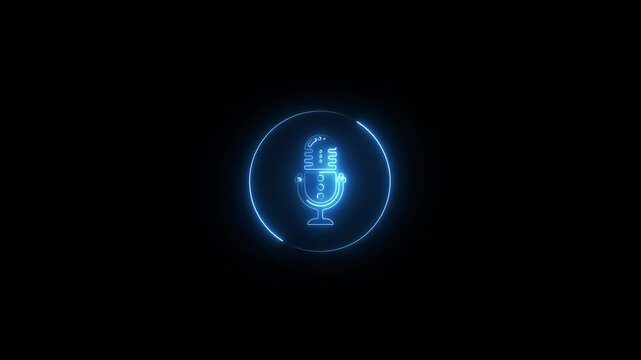 glowing neon blue podcast mic icon animation isolated on black, voice recording button animation, neon line microphone icon animation isolated on black