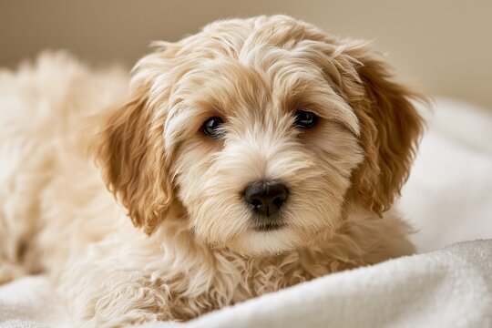 Studio portrait of a mini goldendoodle puppy with soft lighting in a neutral studio