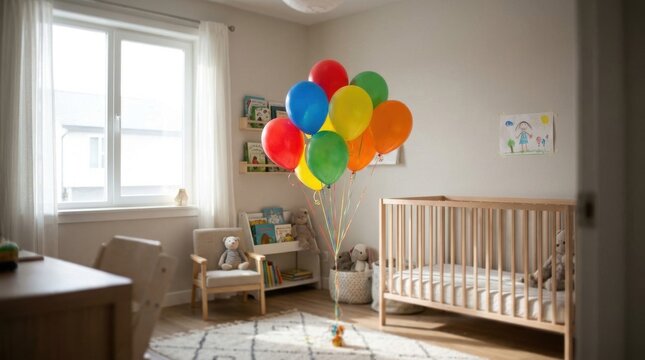 Joyful Childhood: Kids room with colorful balloons floating inside a cozy interior 