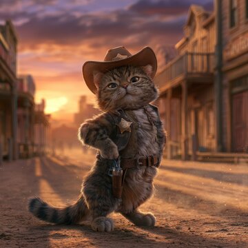 Stylized Cat Sheriff Portrait in Warm Sunset Lighting