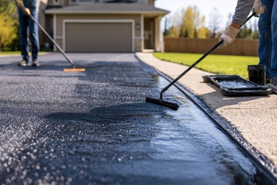 Suburban driveway gets a fresh glossy asphalt sealant coating