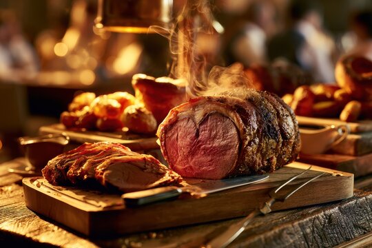 Succulent Carvery Beef at a Rustic Carving Station with Golden Crust and Juicy Slices